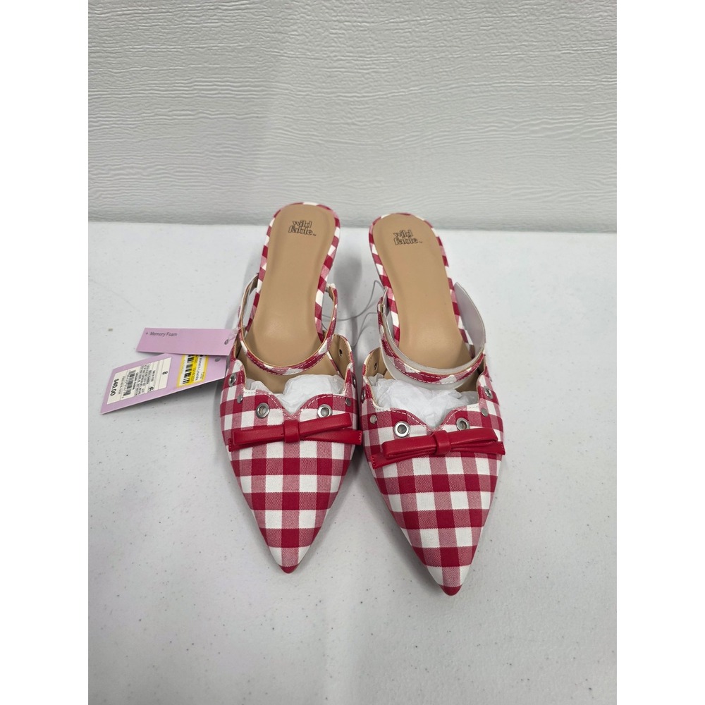 Wild Fable Lysandra Red Gingham Pointed Toe Mules Bow Kitten Heels NWT